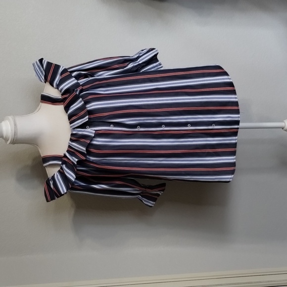Janet Chung Blue Red White Striped Size Large Button down open shoulder - Picture 3 of 13